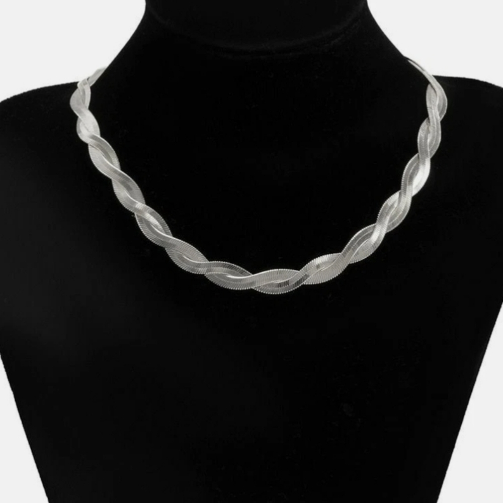 NEW 14K White Gold Plated Braided Herringbone Chain Necklace